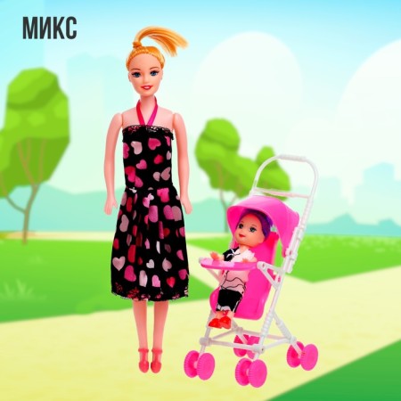 Mom and daughter doll with a stroller, mix-5