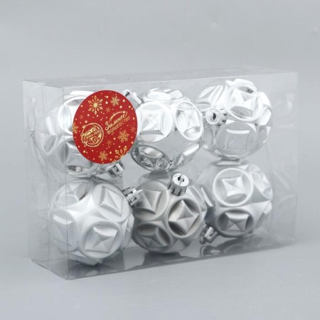 Set of balls plastic D -6 cm, 6 pcs "Midas - Geometry" silver-1