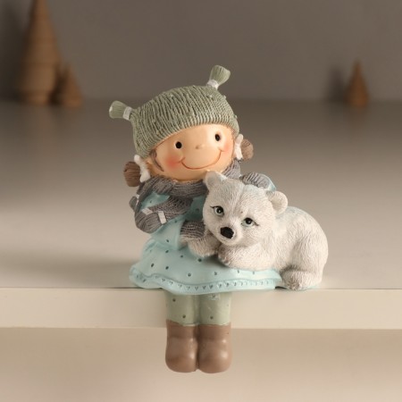 Polystone souvenir "Baby strokes the white teddy bear" Blue 9x7x13 cm