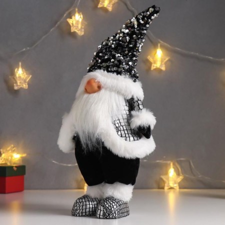 Interior doll "Santa Claus in a black fur coat and cap with sequins" 41x11x16 cm-3