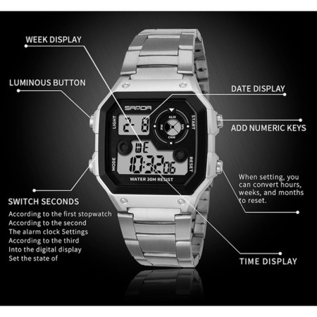 Men's washing watches, D-4.4 cm, alarm clock, calendar, metal strap, silver-2