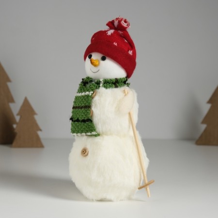 Souvenir Textile "Snowman in a green scarf, skiing" 12x9x20 cm-2