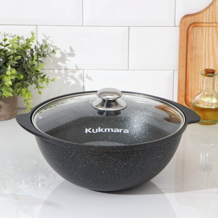 Cauldron, 4.5 l, glass cover, cast handles, anti -stick coating, color dark marble