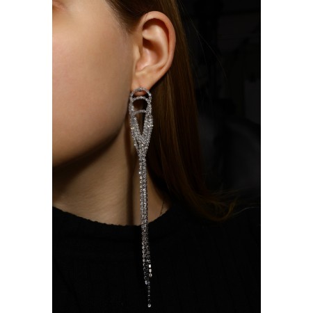 Hanging earrings with Hollywood rhinestones drops with threads, white color in silver, 15.5 cm-5