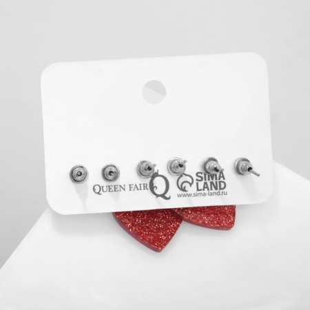 Set 3 pairs of earrings love hearts, white-red color in silver-2