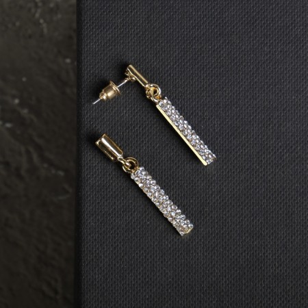 Earrings with rhinestones "Geometry" Thin cylinder, white color in gold-2