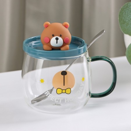 Glass mug with a ceramic lid and a spoon of Teddy, 350 ml-5