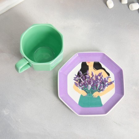 Tea couple ceramic "lavender", mug 200 ml, saucer 13 cm, green color