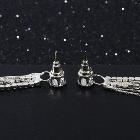 Hanging earrings with rhinestones "evening" thread and scattering, white color in silver, 8.5 cm-2