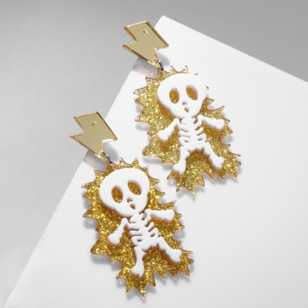 Acryl Earrings "Skeleton" Lightning strike, white color in gold-1