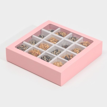 Box for sweets, confectionery packaging, 16 cells, “pink” 17.7 x 17.7 x 3.8 cm