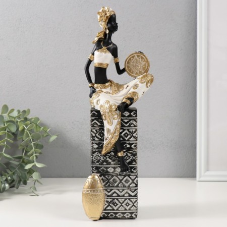 Polystone souvenir "African with a tambourine on a column with patterns" white-black, gold 10.5x9x32 cm 10325