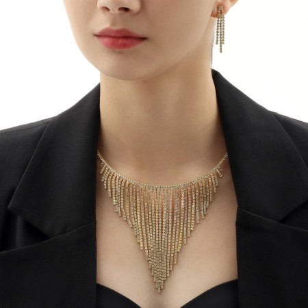 Set 2 objects: earrings, necklace "waterfall" ring, white color in gold, d = 13 cm-2