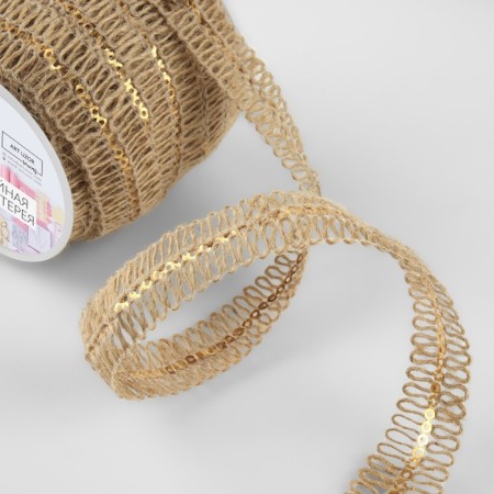 Decorative canvas braid with sequins, 20 mm, 10 ± 0.5 m, beige color-2