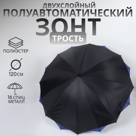 Umbrella - semi -automatic cane "plain", two -layer, 16 knitting needles, r = 52 cm, black/blue color