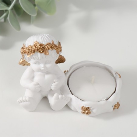 Polystone candlestick "Angel with a heart, in a golden wreath" 6x5.3x8 cm-5