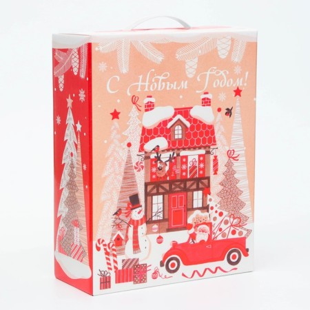 New Year. Gift box New Year's box. Gift box with a plastic handle "Christmas trees" 23.5 x 10 x 30.5 cm.-1