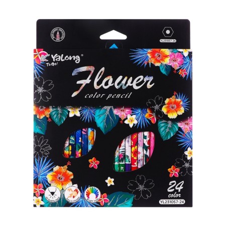 Pencils 24 colors in a cardboard box, hexagonal, wooden, flowers on a black mix-6