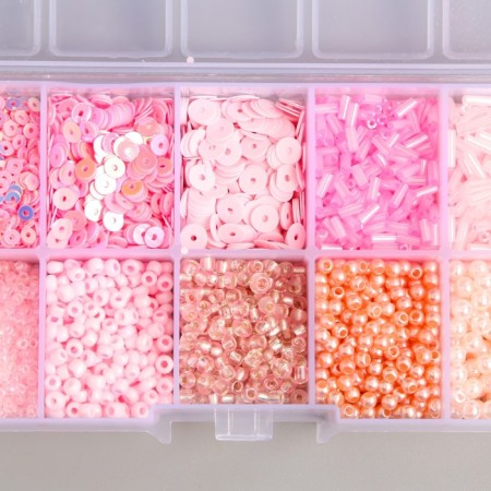 Glass beads 8/0, 12/0 in the box "pink" beads, glass and sequins 13x6.5x2.3 cm-1