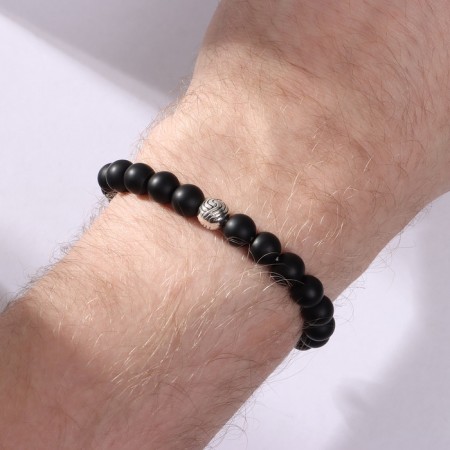 Bracelet men's “Grand” matte beads, black color with silver, d = 6 cm-1