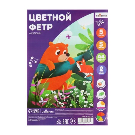 Color felt set, thick-2 mm, A4 format, soft, 5 sheets, 5 colors, saturated colors-4