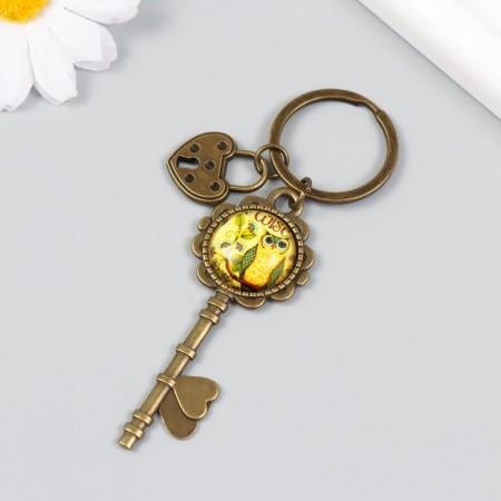 Metal keychain, glass "Castle-heart and key with the owl" bronze 10 cm-2