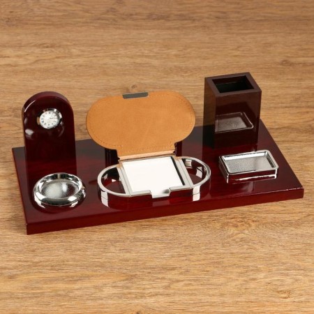 Table set 6V1 with a business card holder and clock, red tree-1