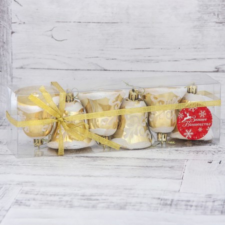 Jewelry decoration "Bells with flowers" (set 6 pcs) 5.5 cm, white-golden-1