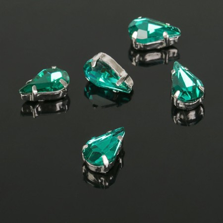 Rhinestones in DSAPs (set 5 pcs.), 6 × 10 mm, emerald color in silver