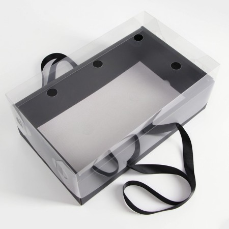 Gift box with a bow, handles and a transparent lid 35 x 21 x 15 cm black-3