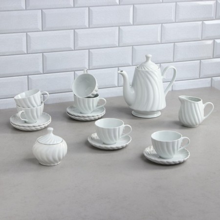 Tea Service "Carmen", 17 objects: cream 350 ml, 6 cups 200 ml, kettle 1.5 l, sugar tower 300 ml, 6 Smascher, porcelain, Iran-5