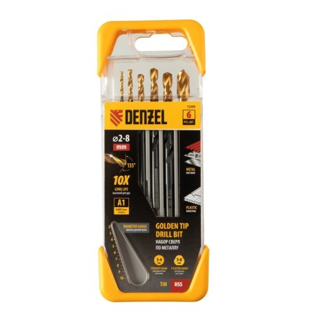Set of metal drill Denzel 72300, 2-8 mm, HSS-Tin, Golden Tip, 6 pcs-2