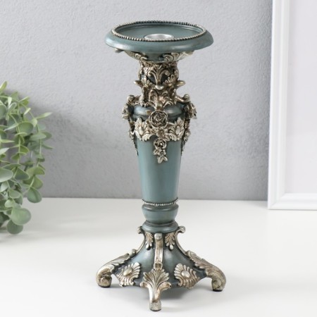 Polystone candlestick for 1 candle "Flower elegy" dark gray silver 10.5x10.5x27 cm-1