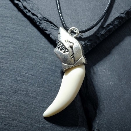 Unisex pendant “Fang sharks”, white color in black silver on a black lace, 45 cm