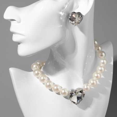 Set 2 items; Earrings, Kilence "Heart" large pearls, white color in silver