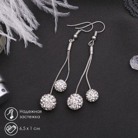Hanging earrings with “Shambhala” rhinestones, white color in silver, 6.5 cm