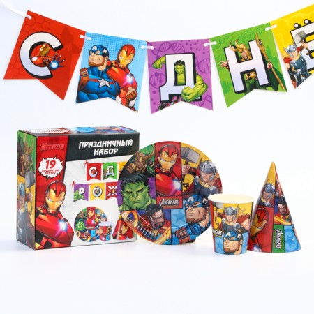 A set of paper utensils, on 6 people "Happy Birthday!", Avengers-1