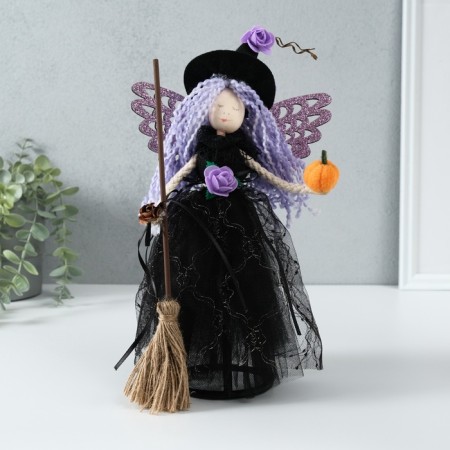 Interior doll "Witch in a black dress with lilac hair" 8.5x16x30 cm