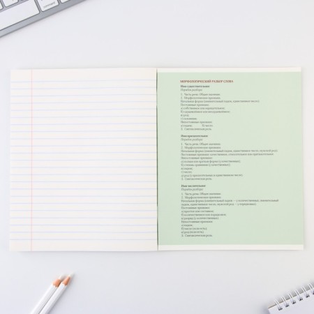 An objective note 48 sheets, A5, cute pets, with reference materials “September 1: Russian language”, cover coated cardboard 230 gr., Inner block in a line of 80 gr., Whiddle 96%, block No. 1.-3