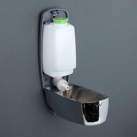 A dispenser for antiseptic or liquid soap, mechanical, 350 ml, plastic, chromium color-1