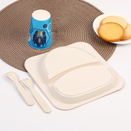 A set of children's bamboo dishes, 4 objects: plate, fork, spoon, glass, transformers-3