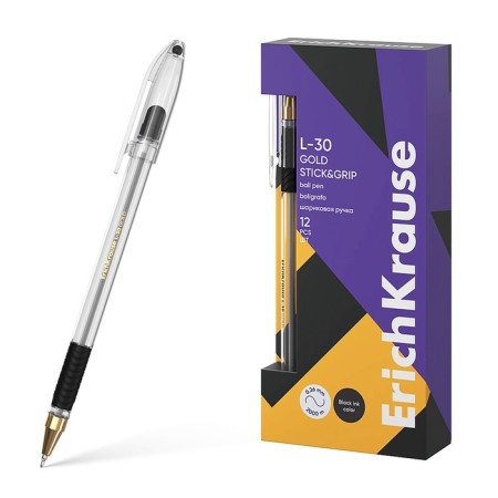 Ballic Handle Erichkrause L-30, Gold Stick & Grip Classic, needle node 0.7 mm, black, rubber holder, super soft letter-8