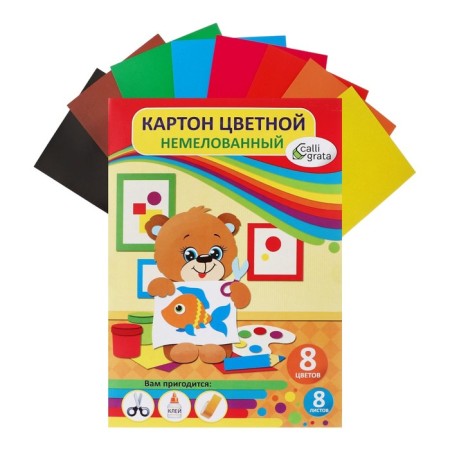 Cardboard of color A4, 8 sheets, 8 colors "Bear", unlawed 200 g/m2, in the folder-4