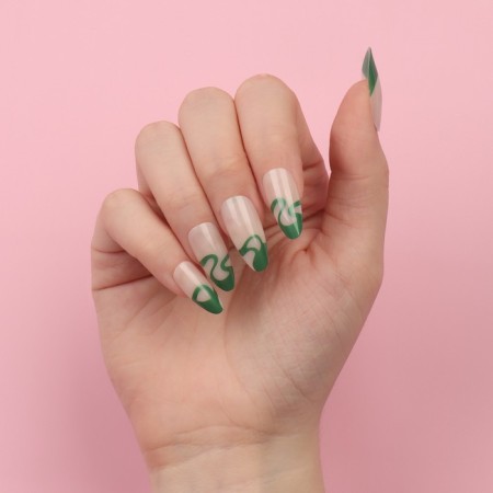 Pattern overhead nails, 24 pcs, with adhesive plates, almond shape, milk/green color-14