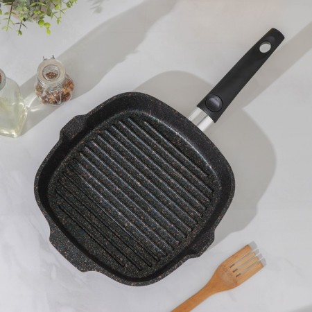Granit Ultra Grille pan, 26 × 26 cm, removable handle, glass cover, anti-stick coating, black color-1