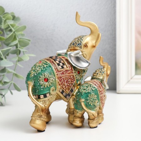 Polystone souvenir "Elephant with an elephant - Red -green ass with rubies" 13.5x8.5x15.5 cm-1