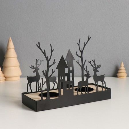 Climber Metal, wood on 2 candles "deer and houses" d = 4 cm 7.5x18x14 cm-2