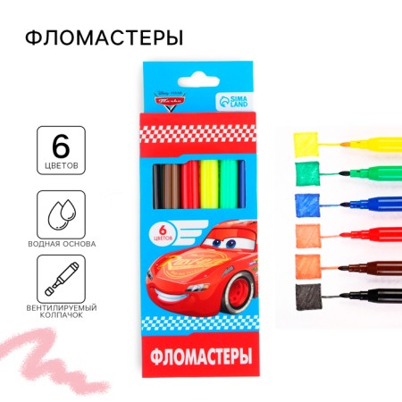 Felt -tip pens, 6 colors, in a cardboard box, cars