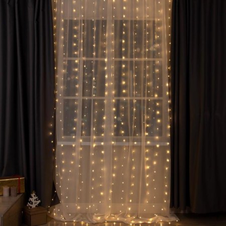 Garland "Curtain" 2 × 3 m Rosa, IP20, silver thread, 450 LED, warm white glow, 8 modes, 220 V