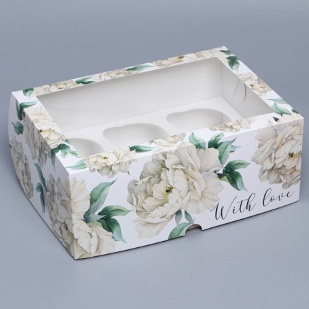 Capcake box, confectionery packaging with a window, 6 cells, “white peonies”, 25 x 17 x 10 cm